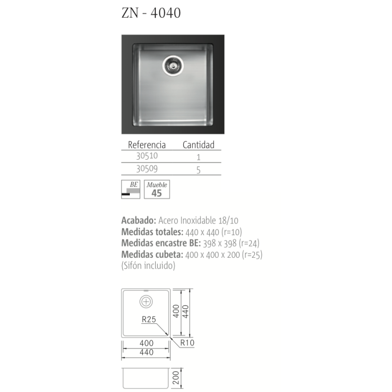 Cuve inox sous plan ZENIT 